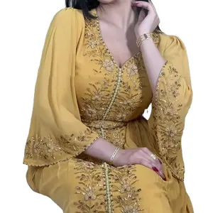 Dubai Yellow color Rhinestone embroidery in middle batwing sleeve islamic girl evening party show luxury kaftan for summer