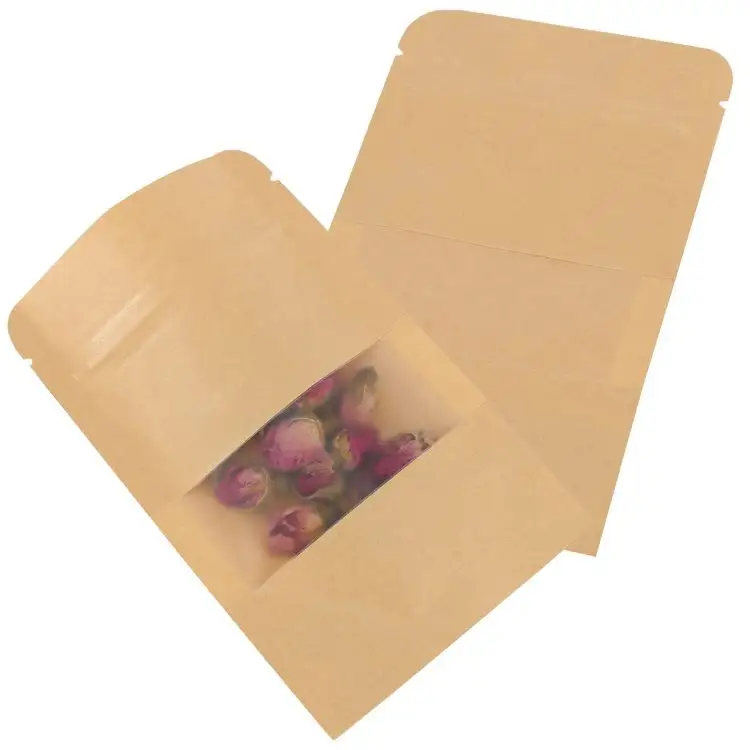 ในสต็อกบรรจุภัณฑ์อาหารย่อยสลายได้ยืนขึ้นถุงซิปล็อคถุงกระดาษคราฟท์พร้อมหน้าต่าง