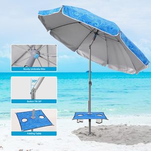 ร่มชายหาดพกพาแบบปรับเอียงได้ พร้อมแบรนด์ลายทางตามสั่ง เสาอะลูมิเนียม ร่มชายหาดกลางแจ้ง พร้อมถาดวางของพับได้ และสมอทราย - Product Image 5