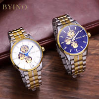 Montre mécanique automatique pour homme, cadran semi-squelette, acier inoxydable, montre-bracelet de style business, logo personnalisé, étanche, montre-bracelet pour homme