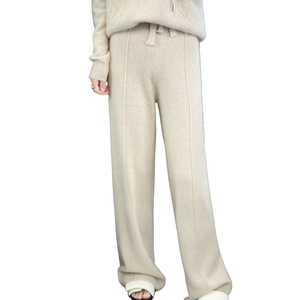 Pantaloni da <span class=keywords><strong>donna</strong></span> autunno inverno 100% <span class=keywords><strong>in</strong></span> pura lana a vita alta drappeggiati <span class=keywords><strong>in</strong></span> Cashmere marrone a gamba dritta Casual lungo fino al pavimento - Product Image 1