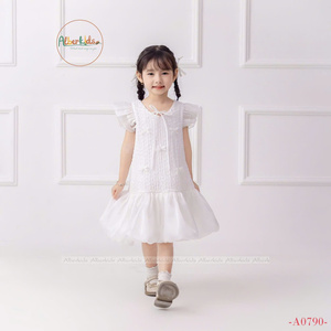 Vestido de niña con lazo en el pecho Vestido casual de niña para Primavera Verano con mangas cortas de gasa - Product Image 4