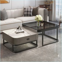 Nouvelle Table Basse Carrée Centrale Design avec Rangement en Bois et Tiroirs Gigognes en Verre Doré
