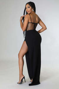 Pense 2023 Celebrity Party Wear Luxo Vestido De Noite Rhinestone Sexy Ver Através Vestido Longo Sem Mangas para Senhoras - Product Image 3