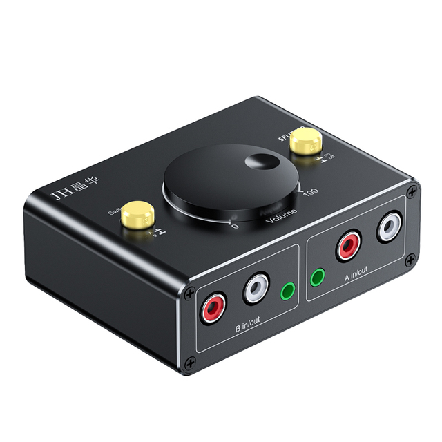 Bi-Directional 2-Way Aluminum Alloy RCA Stereo Audio Switch with One-click Switching & Volume Adjustment Splitter Box