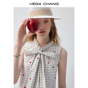 Chemisier sans manches à carreaux brodés en forme de cœur VEGA CHANG pour femme avec nœud papillon et ourlet à volants – Haut décontracté en gros - Product Image 4