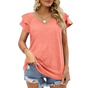 <strong>Women's</strong> Double Ruffled Short Sleeve <strong>T</strong>-<strong>Shirt</strong> <strong>Solid</strong> Loose Fit Tees <strong>Women</strong> Work Blouses Wholesale Clothing Casual Plain Custom Tops - Product Image 1