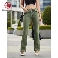 Jean en denim vert olive taille basse pour femme, coupe droite, très extensible, coupe ample, ourlet évasé vintage, style urbain, grandes tailles