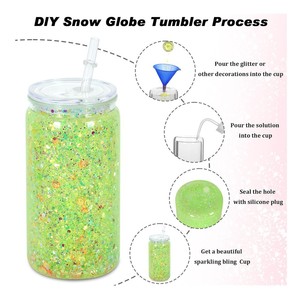 Gelas Tumbler Akrilik 16OZ Model Bola Salju, Dinding Ganda, Plastik, Lubang Sudah Dilubangi dengan Penutup, Gaya Stoples Mason Bening untuk DIY, Dilengkapi Tutup dan Sedotan - Product Image 4