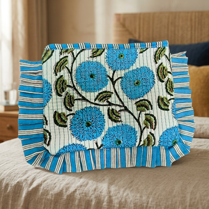 Housse de livre élégante en coton à imprimé floral bleu - Style bohème durable à rayures avec fermeture éclair et décoration de chaînes - Product Image 3