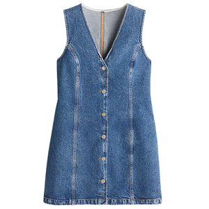 Robe Salopette Mi-Longue en Jean Décontractée d'Été Grandes Tailles avec Boutons Décoratifs Logo Frontal Manches Longues Élément de Mode Simple Technique Délavée - Product Image 1