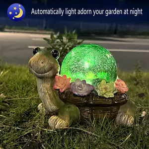 Ornamentos de jardim solar marroquino personalizados de alta densidade para exteriores, estátuas de tartaruga, vidro rachado, iluminação LED, resina, tartaruga suculenta
