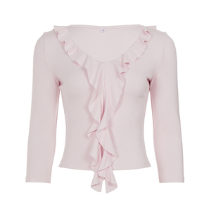 T-shirt en tricot à col en V à volants pour femme, couleur unie, manches mi-longues, coupe ajustée, décontracté, basique et tendance - Product Image 6