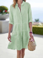 Robe chemise rayée col montant nouvelle collection automne 2026 - Robe décontractée style vacances à la française pour femme