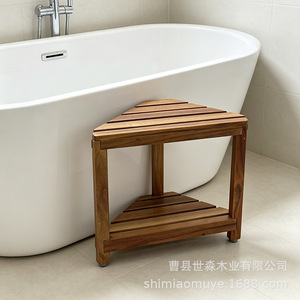 Shi Miao - Tabouret de salle de bain en bois, étagère d'angle à double niveau, en bois massif, imperméable, pour rangement dans les salles de bain - Product Image 4