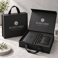 Maßgefertigte Magnetische Klappbare Geschenkbox mit Griff Schwarze Kartonverpackung für Notizbuch Stift Kartenhalter Geschäftsgeschenkset