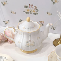 Juego de Taza y Platillo de Cerámica con Diseño de Gato Camelia, Tetera de 350 ml, Rosa/Azul, Estilo Retro Francés, para Café, Té de la Tarde, Caja de Regalo