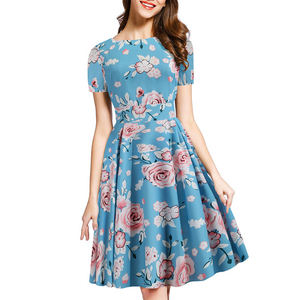 Robe d'été rétro style Hepburn pour <span class=keywords><strong>femme</strong></span>, à manches courtes, imprimé floral, longueur genou, avec appliques décoratives, grande jupe évasée - Product Image 6