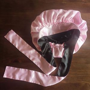 Bonnet de nuit long double couche pour femme avec logo personnalisé, en satin réversible avec bande à nouer - Product Image 2