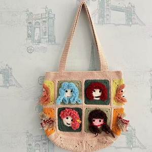 Handmade Crochet Women's Tote Shoulder Bag Fashionable <b>Accessory</b> Girl Pattern Flower Embroidery Cotton Fabric Basket Design - Product Image 5