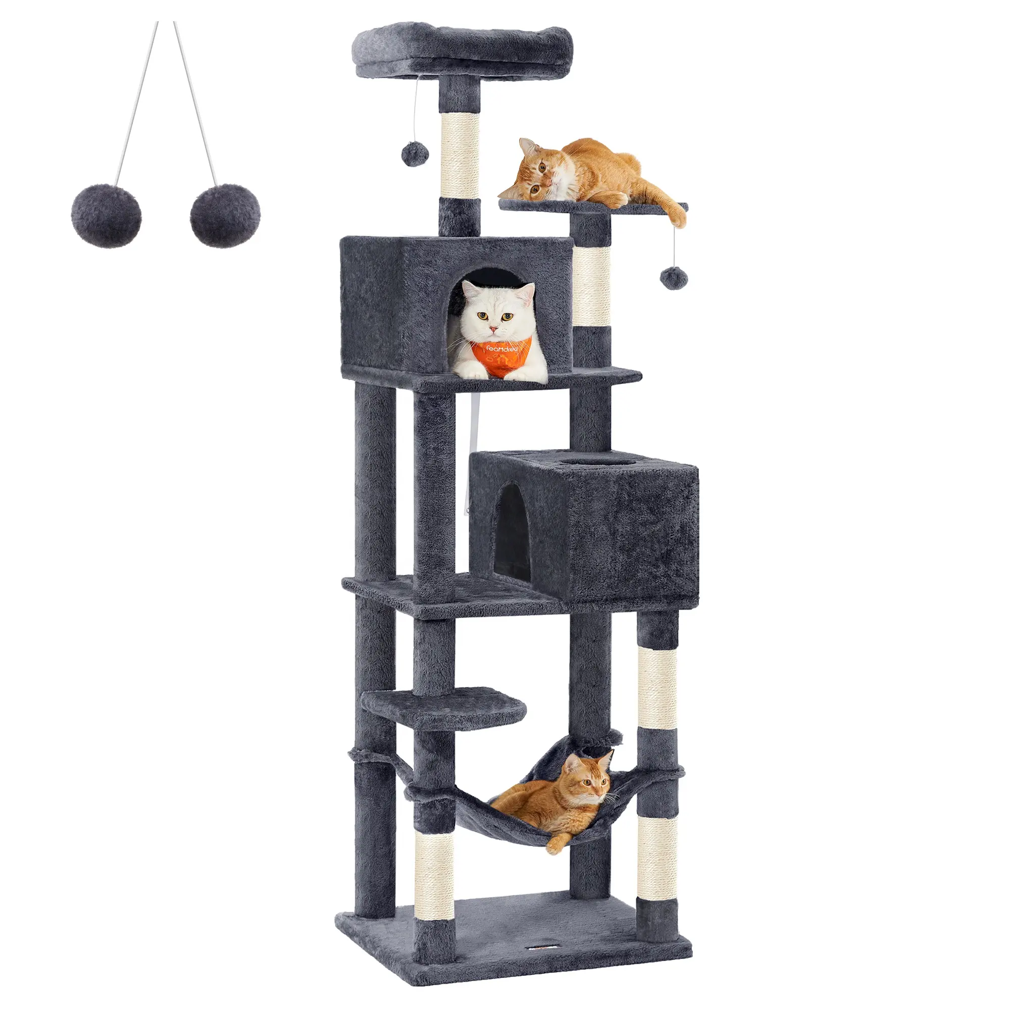 Feandrea Smoke Grey Cat Scratching Post 191 cm with Soft Plush Multi-level Cat Tree Tower with Hammock Bed