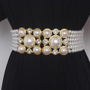 Lujo Retro Full Pearl Diamond Hebilla Elástico Wid Cintura Cadena Mujeres Pearl Belt - Product Image 2