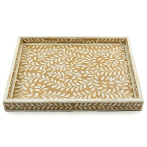 Plateau décoratif personnalisé en os incrusté avec motif floral complexe, organisateur de luxe fait main pour table console et présentoir de coiffeuse - Product Image 1