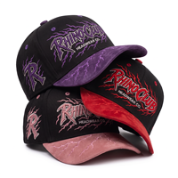 Gorra de béisbol de gamuza personalizada de fábrica con bordado 3D en relieve, estampado en relieve, diseño de rayo gótico, estilo Hip Hop RHINO Club para venta al por mayor