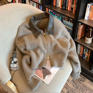 <span class=keywords><strong>Cardigan</strong></span> Vintage da <span class=keywords><strong>Donna</strong></span> V-Times Autunno 2025, Nuovo Modello Semplice e Versatile <span class=keywords><strong>con</strong></span> Patchwork in Pelle, Colletto e <span class=keywords><strong>Cerniera</strong></span>, Abbigliamento Femminile Lavorato a Maglia - Product Image 3