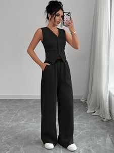 חולצות קיץ אלגנטיות ללא שרוולים מכנסיים רחבים 2 חלקים סטים מוצקים למשרד ליידי תלבושות נשים OL סטים מכנסיים לעבודה 2 יחידות - Product Image 4
