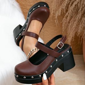 하이 플랫폼 리벳 펑크 스타일 대형 페이턴트 PU 여성용 신발 굵은 라운드 토 사이즈 43 패션 힐 - Product Image 1