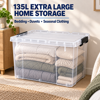 Organisateur de rangement pour la chambre à coucher et la buanderie, grande boîte en plastique transparente de 135 L, empilable, pour serviettes, literie, vêtements
