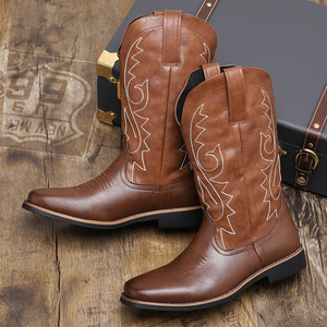 Botas Vaqueras de Cuero PU para Hombre, Zapatos de Otoño Invierno, Moda Retro Bordada Estilo Occidental, Talla Grande US16 - Product Image 5