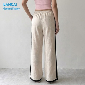 <span class=keywords><strong>Pantaloni</strong></span> Palazzo Personalizzati in Misto Lino per Donna, Produzione OEM ODM, Vita Elastica, Striscia Laterale, Orlo Spaccato, Gamba Larga - Product Image 3