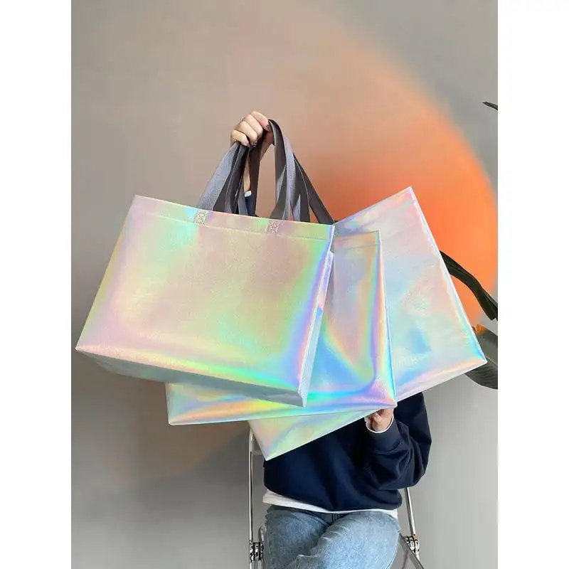 Custom Logo Large Eco Friendly Laminated Non Woven Laser Tote Bag Reusable Metallic Iridescent Shopping Bag