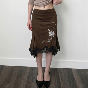 Falda Midi Asimétrica Floral Vintage Marrón para Mujer, con Ribete de Encaje, Fruncida, Corte en A, Transpirable y Ecológica para Verano - Product Image 5
