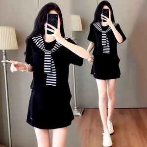 Korean Style Preppy Skirt Set For Women Short Sleeve T Shirt And Shawl Three Piece Set Black Gray Polyester Casual Wear - Product Image 3