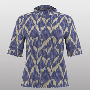 <span class=keywords><strong>T</strong></span>-<span class=keywords><strong>shirt</strong></span> décontracté à col montant et manches trois-quarts, motif géométrique de feuilles <span class=keywords><strong>bleu</strong></span>-or texturé froissé 3D, style rétro artistique et tendance - Product Image 2