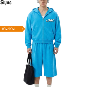 Ensemble de <span class=keywords><strong>2</strong></span> pièces pour homme de marque Euro : sweat à capuche surdimensionné à fermeture éclair intégrale et short de survêtement large à longueur genou, tenue décontractée streetwear - Product Image 1