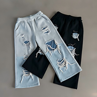 Pantalon de jogging homme en molleton double épaisseur, coupe ample et large, effet usé et déchiré, qualité supérieure