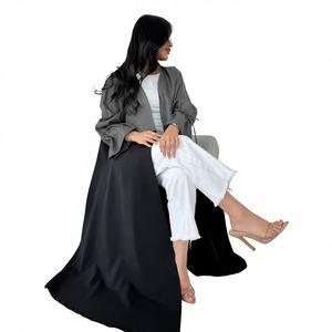 <b>Black</b> & Grey Color Block Open Front Abaya Loose Flounce Sleeve Modest <b>Robe</b> Casual Islamic ODM 100% Polyester for Daily Ramadan - Product Image 2