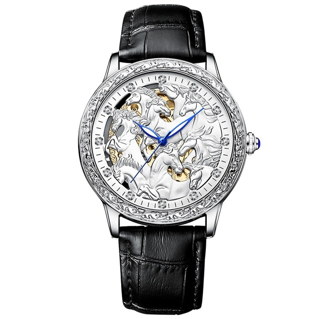 Brand Men's 3D Engraved Eight-Horse Fashion Fully Automatic Mechanical Movement 30M Water Resistant Genuine Leather Pointer