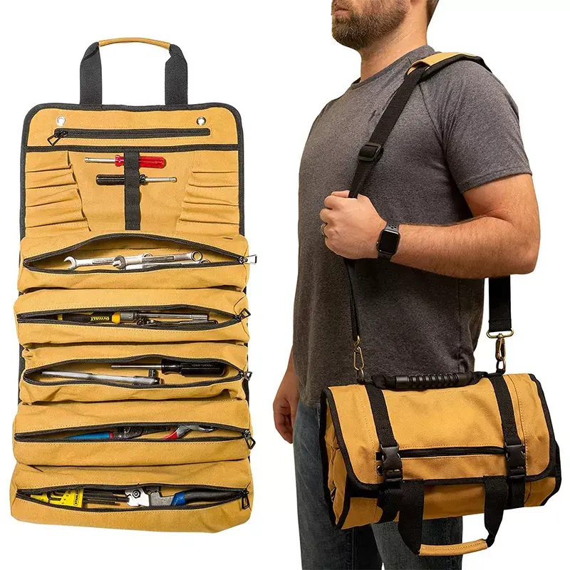 Custom Logo Multi Pockets Easy Carrying Garden Tool Kit Heavy Duty Canvas Roll Up Bags Rolling Tool Bag Organizer Electrician