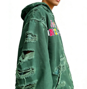 Unisex Distressed Hoodie mit Stickerei, Atmungsaktiv, Y2K Sonnengebleichter Vintage-Stil, Acid Wash, 100% Baumwolle, Grün, Größen M 2 für Herren - Product Image 3