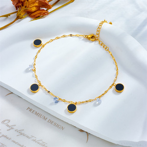 Minimalist Black Enamel Round Disc Anklet Stainless Steel Teardrop Crystal Dangle Thin Ankle Chain Gold Plated Anklets for Women - Product Image 3