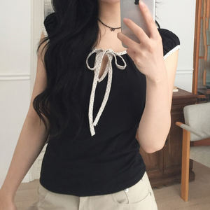 Polka Dot Trim Cut Out Lace Up T <b>Shirt</b> Women Slim Fit Short Sleeve Top Vintage French Style Casual Fashion Tee - Product Image 5