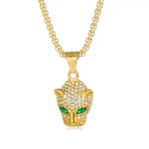 Punk Vintage Stainless Steel Gold Plated Green Eye Leopard Head Custom Hip Hop Jewelry Diamond Pendant Men's Necklace