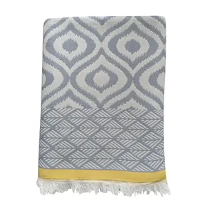 Ikat Design棉毯-灰色黄色提花扔130x 170厘米-51x 67英寸重型和豪华提花毛毯