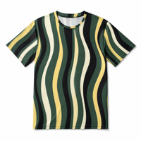 T-shirt à manches courtes en popeline 3D AOP pour homme, 100% polyester, vert foncé, bandes verticales incurvées, séchage rapide, respirant, col rond, expédition immédiate