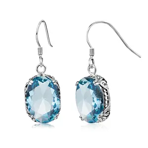 Hypoallergenic Jewelry Gemstones Famous Brand Fine Jewelry Boho Earrings Aquamarine Long Drop 925 Silver Women CLASSIC Flower